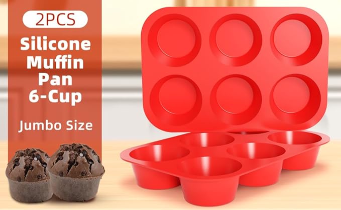 Silicone Jumbo Muffin Pan, 3.5 Inch Silicone Texas Muffin Pan 6 Cup Large Cupcake Pan Nonstick BPA Free 2 Pack Red