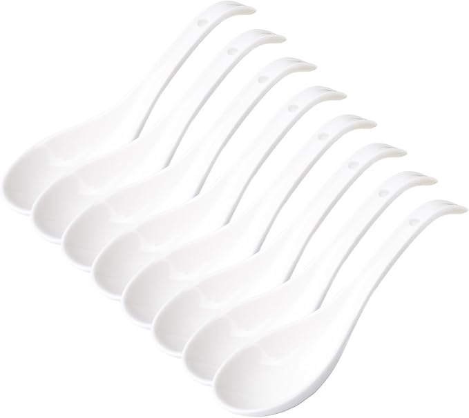 Soup Spoons Set of 8, Ceramic Chinese Soup Spoon, Asian Soup Spoons, White Japanese Spoon Large for Ramen Pho Wonton Dumpling Miso, Deep Oval Hook Design (8 pcs-6.7 inch)