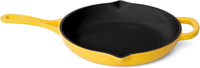 Larder & Vine Enameled Cast Iron Skillet | 10.25 in Cast Iron Pan | Saute Pan with Pour Spouts | Enamel Coated Skillet | Compatible on All Cooktops & Oven Safe to 500F | Limoncello