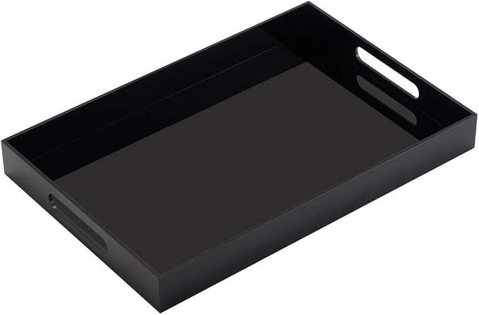 Glossy Black Sturdy Acrylic Serving Tray with Handles-12x16Inch-Serving Coffee,Appetizer,Breakfast,Butler-Kitchen Countertop Tray-Makeup Drawer Organizer-Vanity Table,Ottoman Trays-DecorativeTray