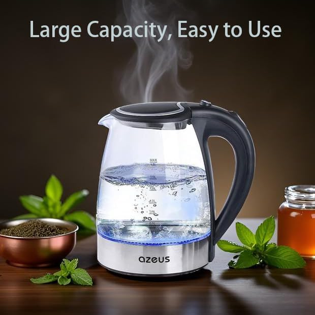 AZEUS Glass Electric Kettle - 1.8L Fast Boiling Auto-Shutoff & Anti-Dry Heat Safety Kettle for Home/Office, Borosilicate Glass with LED Indicator (white)