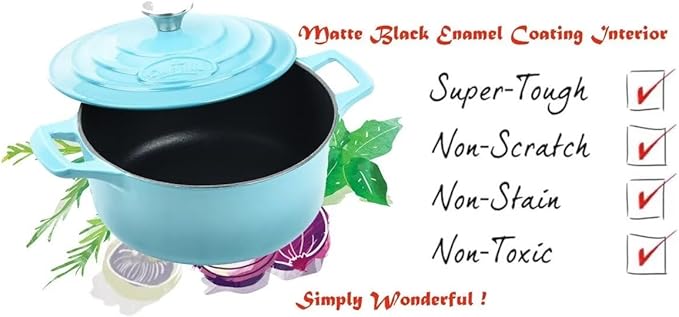 La Cuisine 2175MB Enameled Cast Iron Dutch Oven, Casserole, Pot, 5-Quart (QT) - Matte Black Enamel Interior, Teal Porcelain Enamel Coating Finish Exterior