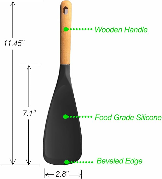VOVOLY Cooking Spoon for Nonstick Cookingwares, Silicone Spatula Spoon for Mixing, Scoop, and Scrape, (Black-2 pack, 11.4'')