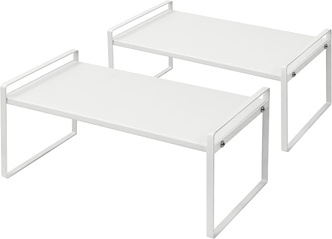 Nxconsu 2Pack Cabinet Shelves Stackable Shelf Organizer Rack Riser for Kitchen Cabinet Pantry Cupboard Counter Countertop Home Organization Storage Space Saver Heavy Duty Metal Nonslip White