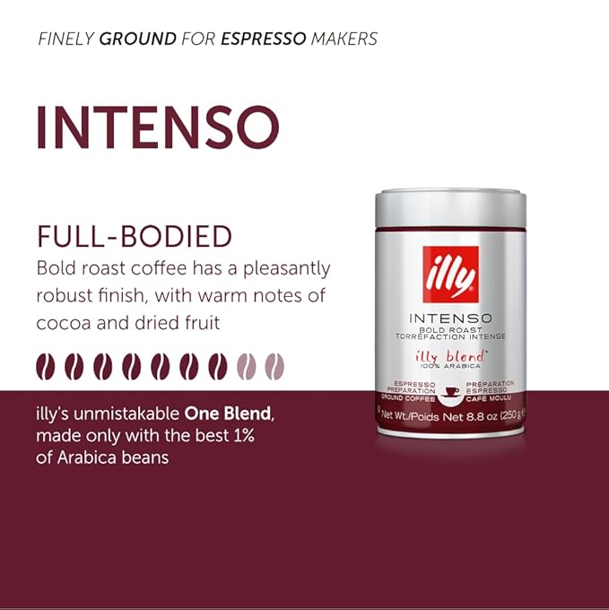illy Ground Coffee Espresso - 100% Arabica Coffee Ground – Intenso Dark Roast – Warm Notes of Cocoa & Dried Fruit - Rich Aromatic Profile - Precise Roast - No Preservatives – 8.8 Ounce, 6 Pack