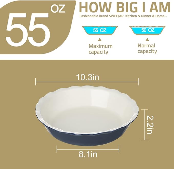 Sweejar Ceramic Pie Pan, 10 Inches Round Baking Dish for Dinner, Non-Stick Plate With Soft Wave Edge for Apple, Pumpkin, Pot Pies (Navy)