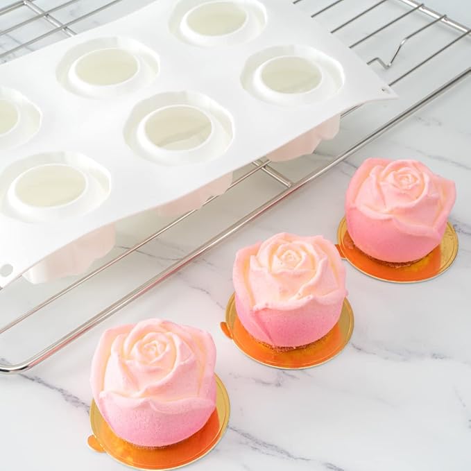 Pastry Tek 6 Cavities Rose Baking Molds, 10 Oven-Ready 3D Rose Molds - Flexible, Freezable, White Silicone Chocolate Molds, Easy Release, For Making Candies or Chocolates - Restaurantware