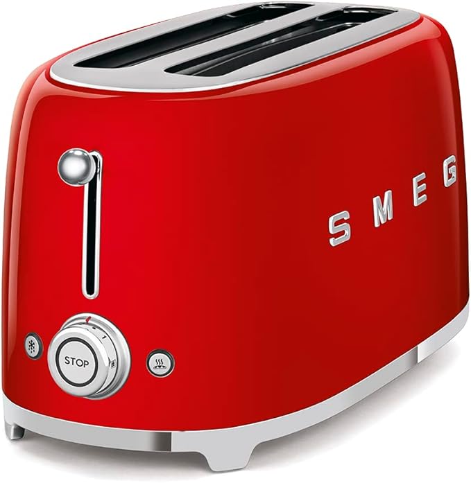 Smeg 50's Style Retro Aesthetic 4 Slice Toaster 6 Presets with 2 Extra Wide Slots, Red