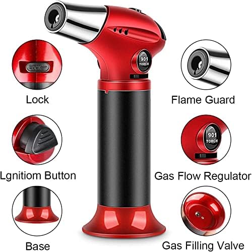 Blow Torch, Professional Kitchen Cooking Torch with Lock Adjustable Flame Refillable Mini Blow Torch Lighter for BBQ, Baking, Brulee Creme, Crafts and Soldering(Butane Gas Excluded)