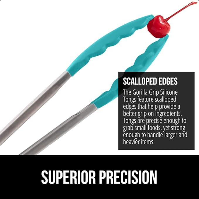 GORILLA GRIP Stainless Steel Heat Resistant Kitchen Tongs for Cooking, Set of 2 BBQ Tong, Non Scratch Silicone Tip for Pans, Strong Grip, Grab Food, Salad, Air Fryer, Pull Lock, 7 + 9 Inch, Turquoise