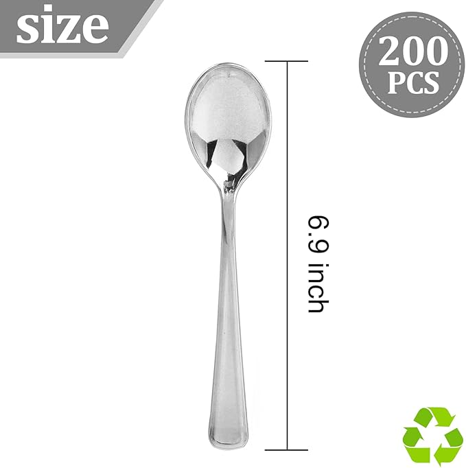 Liacere 200PCS Silver Plastic Spoons - Heavy Duty Disposable Spoons - dessert Spoons for Wedding & Party & New Year & Valentine's Day
