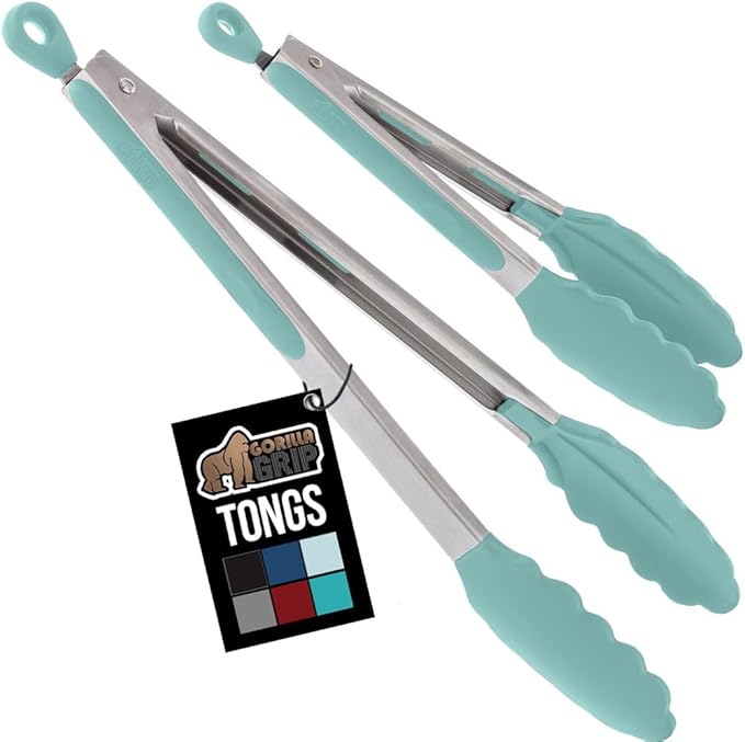 GORILLA GRIP Stainless Steel Heat Resistant Kitchen Tongs for Cooking, 9 + 12 Inch, Set of 2 BBQ Tong, Non Scratch Silicone Tip for Pan, Strong Grip, Grab Food, Toss Salad, Air Fryer, Pull Lock, Mint
