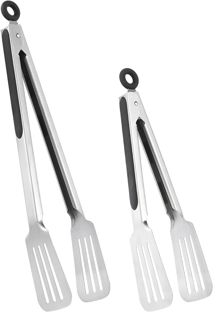 Metal Tongs for Cooking, Set of 2 Stainless Steel Spatula Tongs for Grilling, Cooking and Flipping, Strong Grip for Ribs, Steak and Fish, Comfortable Grip, Easy Pull Lock, 9 inch & 12 inch