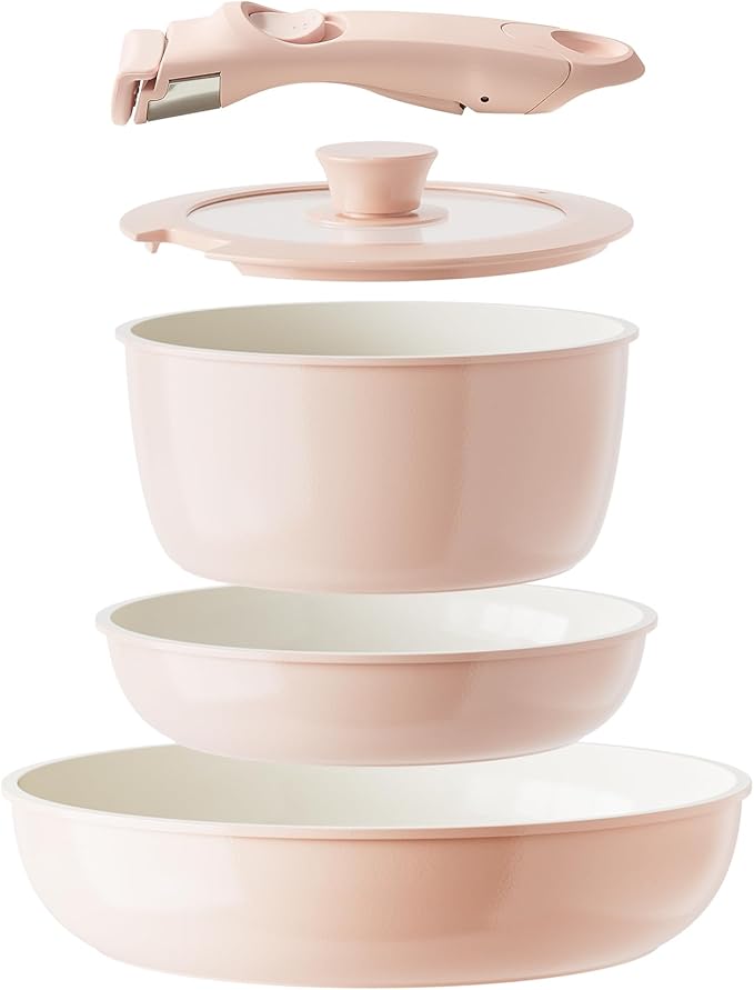Redchef Ceramic Cookware Set, Removable Handle Pots and Pans Non-Stick, Rv Cookware Set, Non-Toxic Pots and Pans Set No PFAS, PTFE, PFOA, Detachable Pots and Pans, Dishwasher & Oven Safe (Pink)