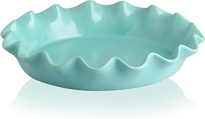 Sweejar Ceramic 11.5 Inches Pie Pan for Baking, Deep and Fluted Porcelain Round Pie Dish, Non-Stick Pie Plate for Pumpkin Pie, Apple Pie, Pie Pots with Morden Farmhouse Design(Turquoise)