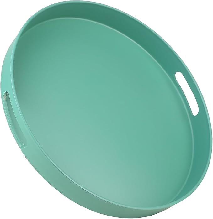 Round Green Decorative Serving Tray with Handles, 13” Versatile Ottoman Tray for Coffee Table, Entertaining, Outdoor Patio, Living Room