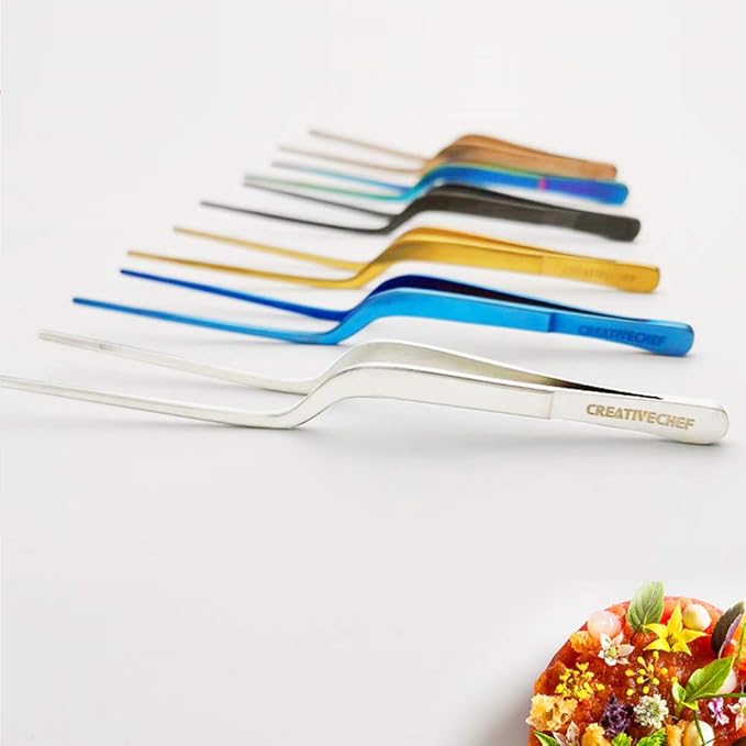 CREATIVECHEF 8 Inch Kitchen Tweezer, Stainless Steel Food Tongs, Kitchen Fine Tweezer, Fine tweezer tongs for food presentation (BLUE)