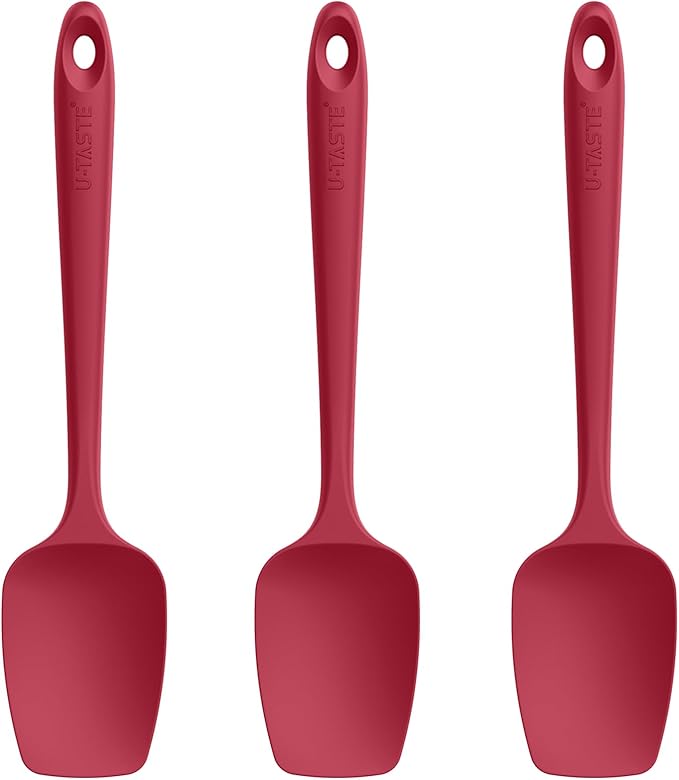 U-Taste Silicone Spoon Spatula Set, 600ºF High Heat Resistant Food Grade Flexible Rubber Scraper, Integrated Cooking Mixing Baking Kitchen Utensils Set of 3 for Nonstick Cookware (Red)