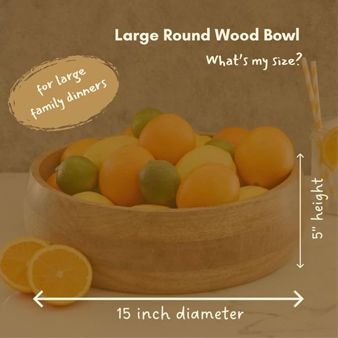 Large Salad Bowl, 15" Wide, Big Serving Dish for Pasta, Cut Fruit, Party, Catering, Wedding, Restaurant, Kitchen Countertop Fruit Bowl, Farmhouse Style, Mango Wood