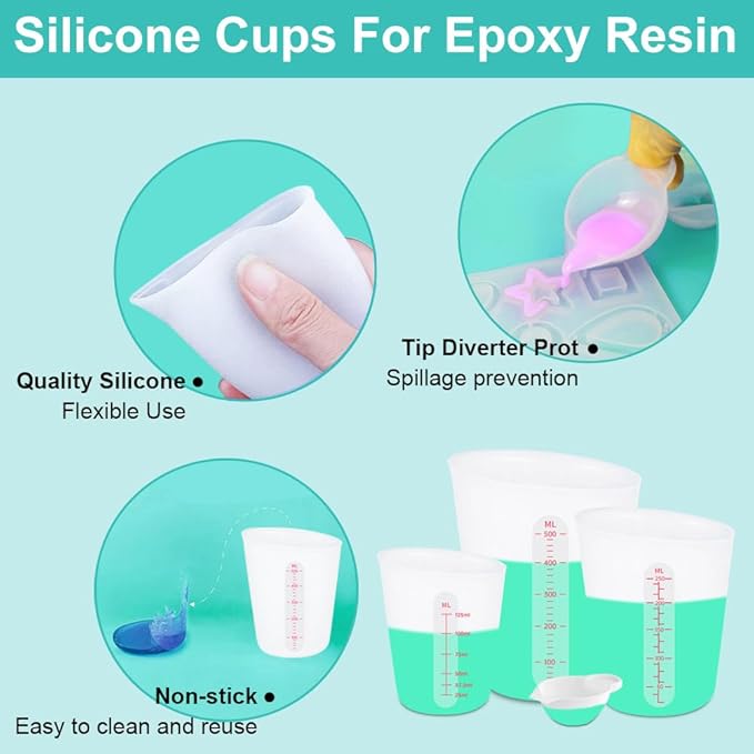 6 PCS Silicone Cup Set, 500ml, 250ml and 125ml for Epoxy Silicone Measuring Cups, Non-Stick Mixing Cups, Casting Molds, Jewelry Making, Silicone Measuring Cups with Marking Ounces/ml