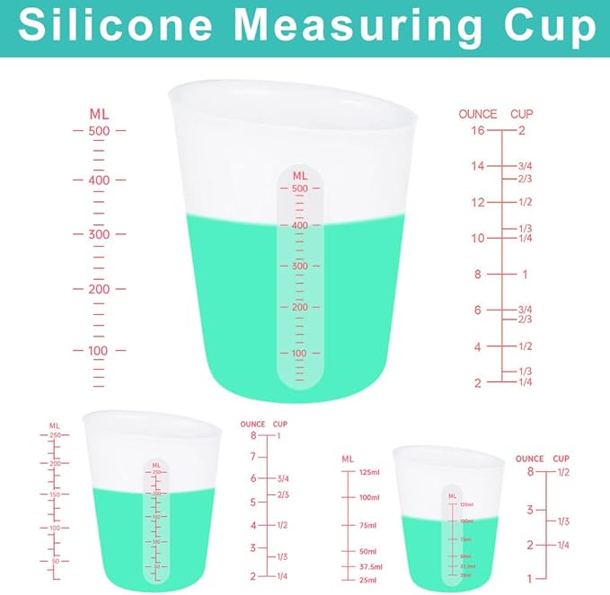 6 PCS Silicone Cup Set, 500ml, 250ml and 125ml for Epoxy Silicone Measuring Cups, Non-Stick Mixing Cups, Casting Molds, Jewelry Making, Silicone Measuring Cups with Marking Ounces/ml