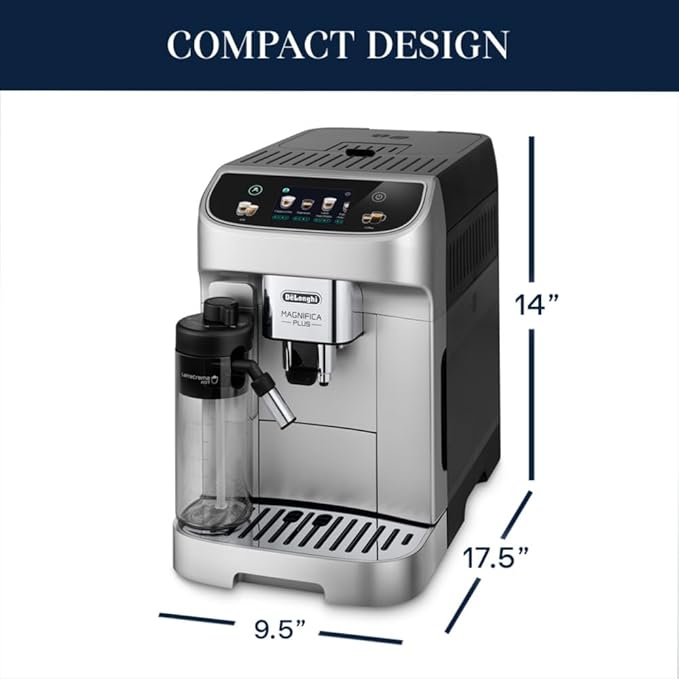 De'Longhi Magnifica Plus Fully Automatic Espresso Machine - Brew 18+ One Touch Coffee Recipes for up to 4 User Profiles, Automatic Milk Steam Wand & Built-in Grinder, Touchscreen Display