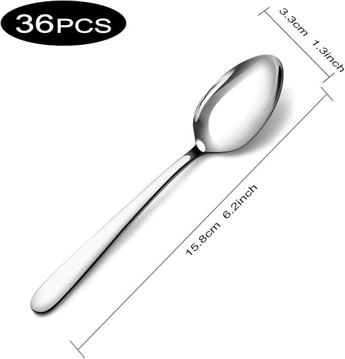 Pleafind 36 Pieces Teaspoons Set (6.2 inch), Spoon Silverware, Stainless Steel Tea Spoons, Mirror Polished Small Teaspoon, Dessert Spoons for Home, Kitchen, Restaurant, Dishwasher Safe