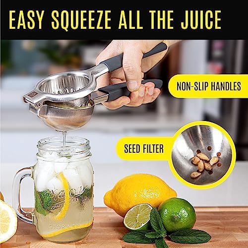 Stainless Steel Lemon Squeezer Press - No Seeds, Pro-Grade, Effortlessly Get Every Drop - Manual Non-Slip Grip Design - Lemon Lime Squeezer, Orange, and Citrus Fruit Hand Held Lemon Juicer Squeezer