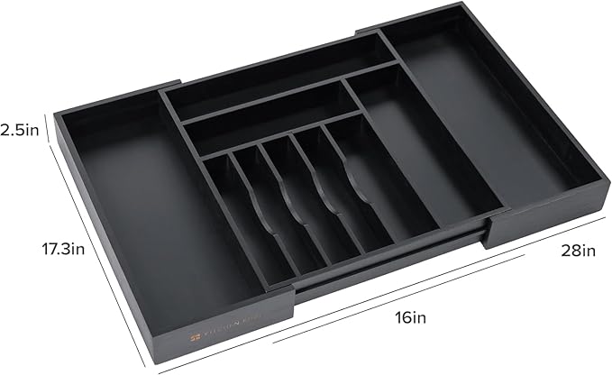 KitchenEdge Premium Silverware, Flatware and Utensil Organizer for Kitchen Drawers, Food-Safe Contract Grade, Expandable from 16 to 28 In, Black Bamboo