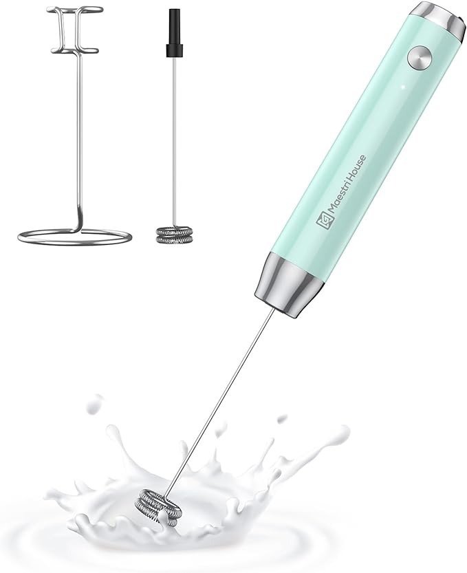 Maestri House Rechargeable Milk Frother with Stand, LunaFro Handheld Electric Foam Maker Waterproof Detachable Stainless Steel Whisk Drink Mixer Foamer for Lattes, Cappuccino