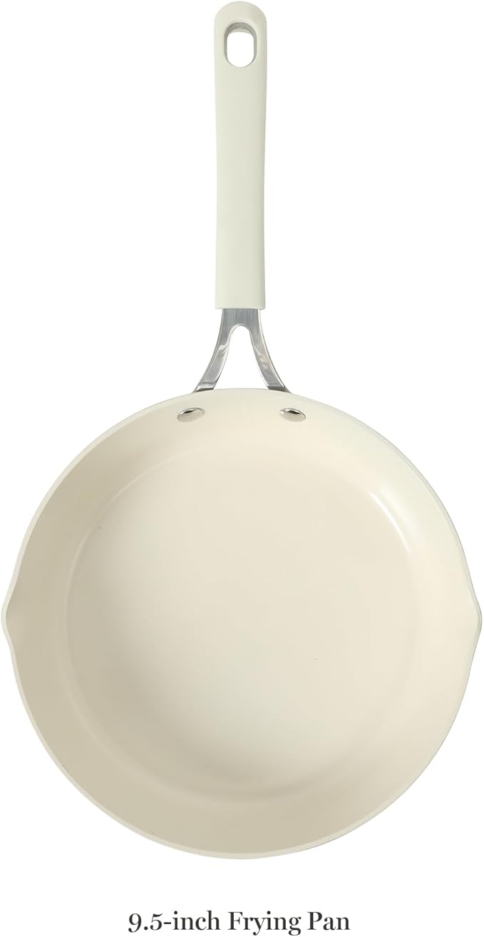 Martha Stewart Heathland 9.5 Inch Aluminum Cookware Non-Toxic Premium Ceramic Non Stick Frying Pan, Kitchen Egg Pan, Omelet, Pots and Pans, Linen White, Induction Safe