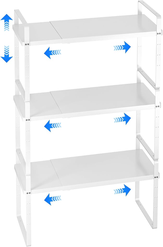 Expandable Cabinet Shelf Organizer, Stackable Kitchen Pantry Counter Storage, Adjustable Closet Cupboard Stand Rack Risers Spice Organization 80LBS Heavy Duty White 3 Pack