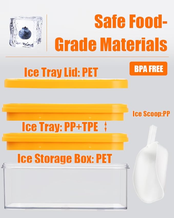 Brigii Ice Cube Tray with Lid&Bin, Ice Cube Mold with 56 Cubes, Stackable Ice Trays for Freezer with Easy-Release Silicone Bottom, for Drinks, Coffee, cocktail