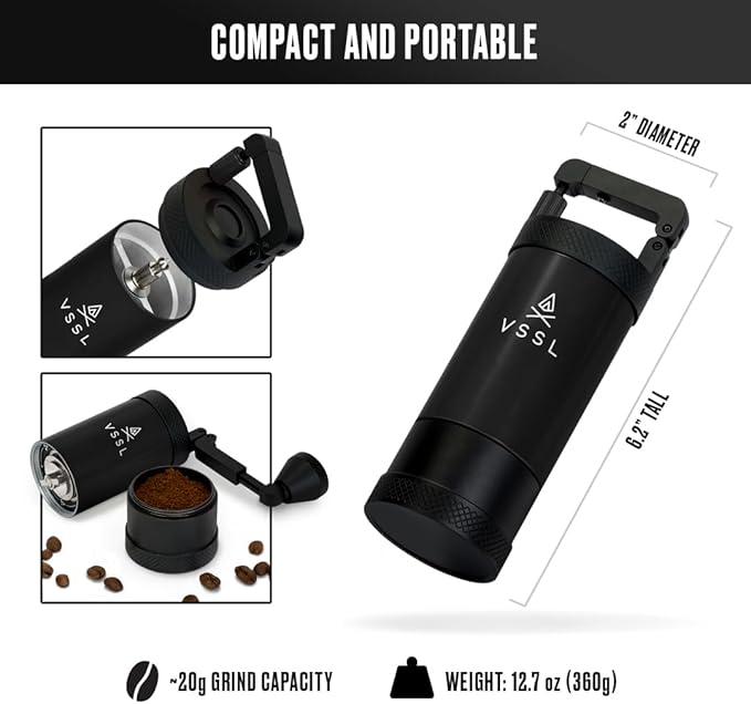 VSSL Java Manual Coffee Grinder, 20 Gram Capacity, Stainless Steel Burr, 50 Settings, Black