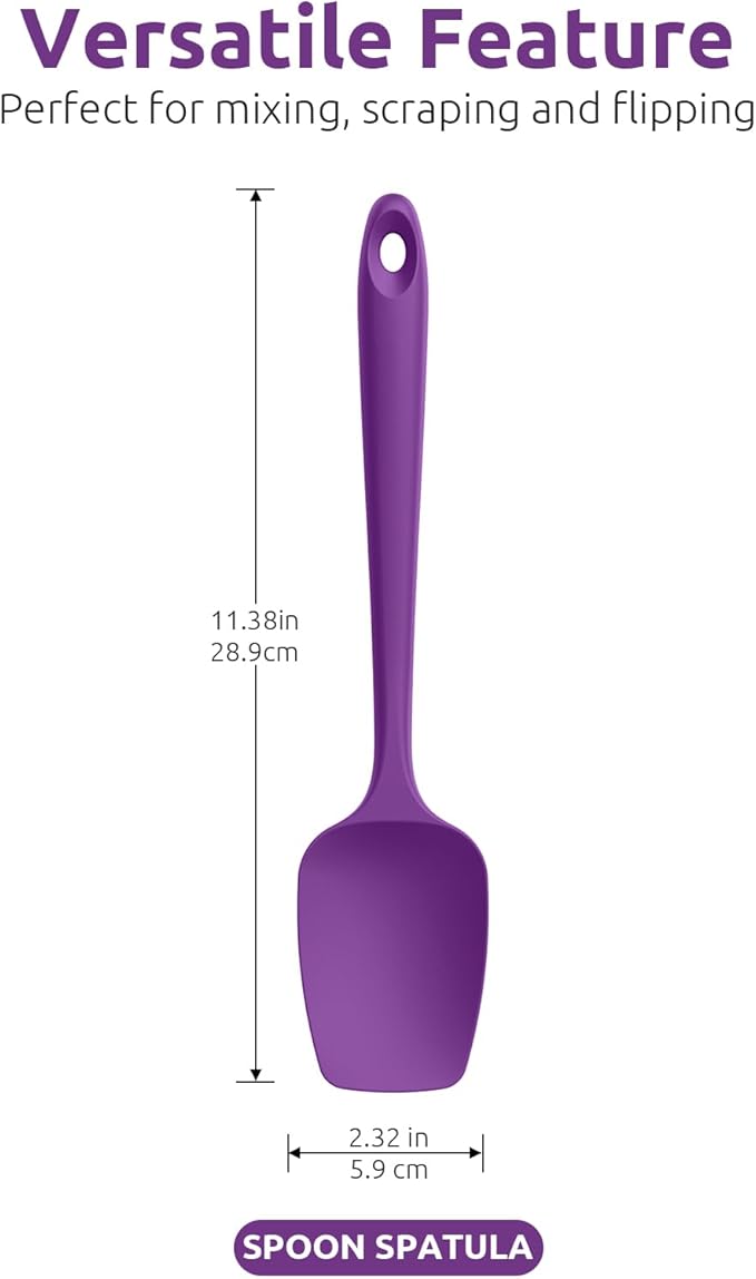 U-Taste Silicone Spoon Spatula Set, 600ºF High Heat Resistant Food Grade Flexible Rubber Scraper, Integrated Cooking Mixing Baking Kitchen Utensils Set of 3 for Nonstick Cookware (Purple)