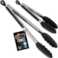 GORILLA GRIP Stainless Steel Heat Resistant Kitchen Tongs for Cooking, 9 + 12 Inch, Set of 2 BBQ Tong, Non Scratch Silicone Tip for Pan, Strong Grip, Grab Food, Toss Salad, Air Fryer, Pull Lock, Black