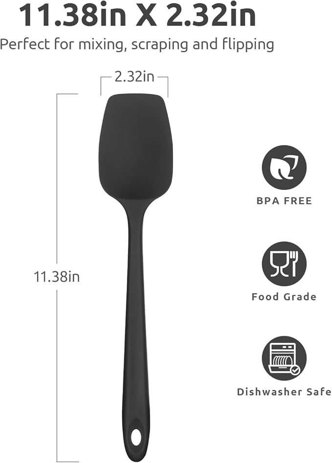 Heat Resistant Silicone Spoon Spatula: U-Taste 600ºF High Heat Flexible 11.38in Silicon Mixing Stirring Cooking Scraping Baking Bowl Scraper Seamless Spreader for Kitchen Nonstick Cookware (Black)