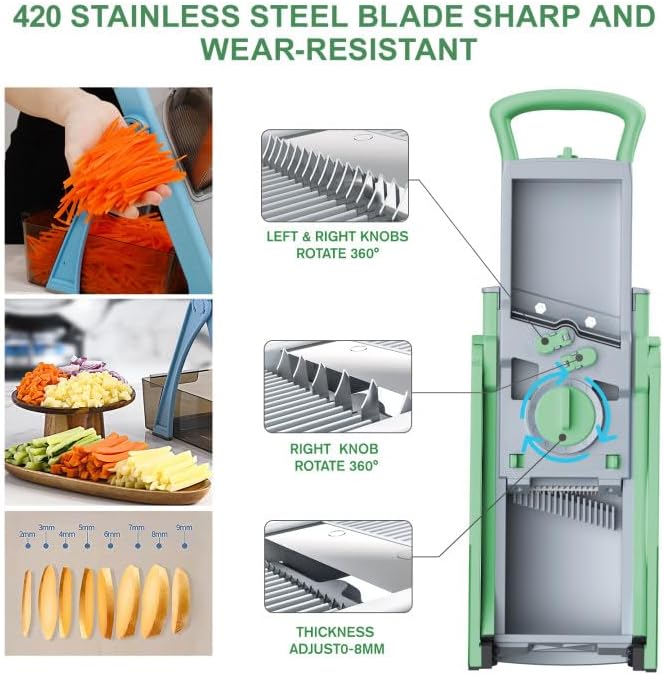 [All in 1] Upgraded Version Mandoline Slicer for Kitchen & Adjustable Mandolin. Detachable Blade, Cut Slicing, Strips, Shredding, Dicing, Chop Kitchen Vegetable Chopper
