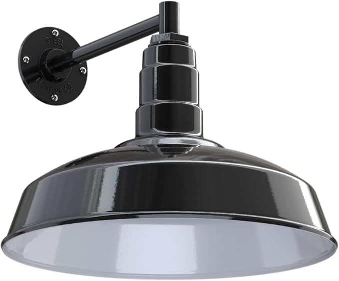 Steel Lighting Co. Gardena Barn Light | Outdoor Wall Mounted | 16" Dome | 11" Straight Arm | Farmhouse Light Made in America | Black Exterior/White Interior