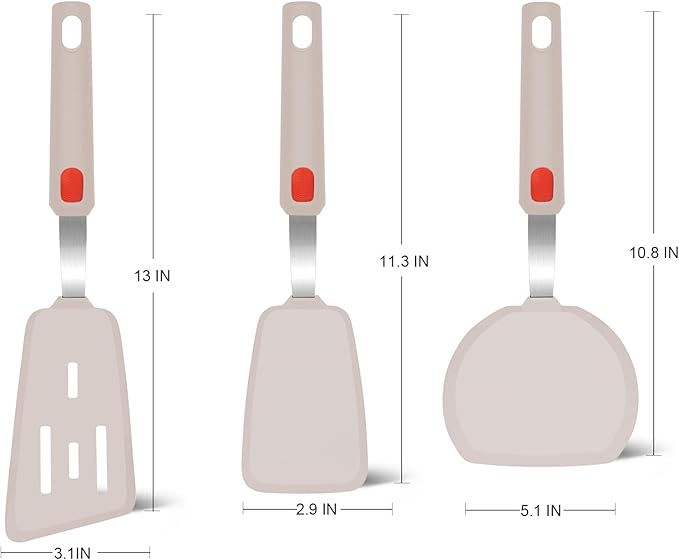 Beijiyi Silicone Spatula Turner Set of 3, 600°F Heat Resistant Nonstick Turner Spatulas for Kitchen Use, Large Flexible Silicone Cooking Utensils Rubber Spatula Set for Egg, Pancake, Fish (Khaki)
