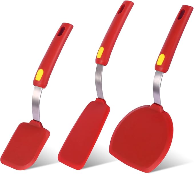 Kitchen Spatulas Silicone Turner Heat Resistant Melt Proof Spatula Set for Nonstick Cookware,Flexible Non Scratch Thin Spatula Wide,Angled and Flipper 3-pack for Frying Eggs,Pancake,Burger,Fish.Red