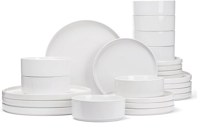 Famiware Nebula Plates and Bowls Set, 24 Pieces Dinnerware Sets, Dishes Set for 8, White