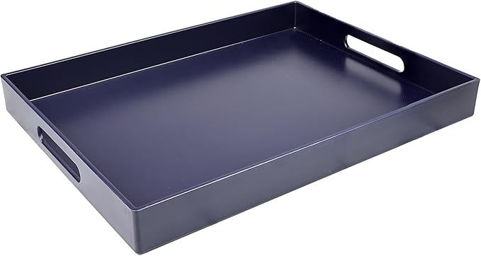 Navy Blue Serving Tray for Coffee Table, Rectangular Plastic Decorative Tray with Handles for Entertaining, Outdoor Patio, Living Room, Ottoman, Bathroom Counter, 11.8”*15.7”*1.6”