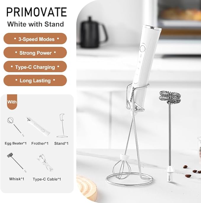 Rechargable Milk Frother, Handheld Drink Mixer with Whisk Attachment, 2025 upgraded, powerfull 3 speed motor, Type C charging with charge light, with extra egg mix head (White without Stand)