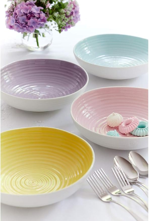 Portmeirion Sophie Conran Celadon Pasta Bowls - Set of 4, 9 Inch Fine Porcelain Ripple Design Dinnerware for Pasta, Salad & Soup - Microwave, Dishwasher, Freezer & Oven Safe