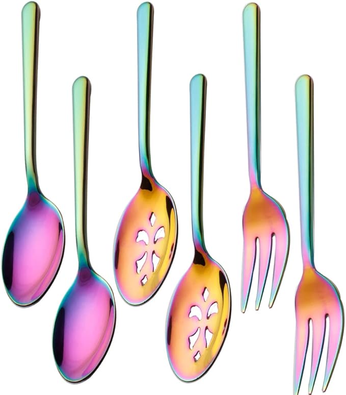 Rainbow Serving Spoons*2 Slot Spoons* 2 Forks *2 Buffet Colander Stainless Steel Banquet Set, Set of 6. Lenght 9" (6-rainbow spoon forks set)
