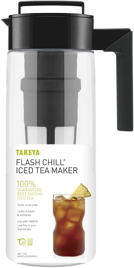 Takeya Flash Chill Iced Tea Maker - Airtight & Durable Iced Tea Maker Jug with Silicone Carry Handle - Leak-Proof & Lightweight Tea Infuser with Patented Flash Chill Technology - 2 Quart, Black