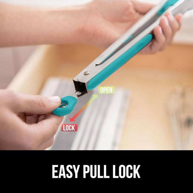 GORILLA GRIP Stainless Steel Heat Resistant Kitchen Tongs for Cooking, Set of 2 BBQ Tong, Non Scratch Silicone Tip for Pans, Strong Grip, Grab Food, Salad, Air Fryer, Pull Lock, 7 + 9 Inch, Turquoise