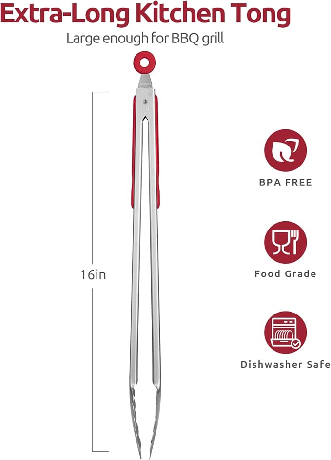 Heat Resistant Silicone Kitchen Tong: U-Taste 16 inch Extra Long Large 480ºF Hot Proof Cooking Tong with Sturdy Non Stick Rubber Tips & Non Slip Silicon Coated Steel Handle for Grilling BBQ (Red)