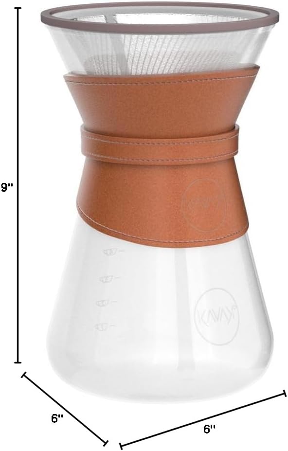 Pour Over Coffee Maker Set with Double-Layer Stainless Steel Filter, Coffee Dripper, Cork Lid and Leather Collar Holder - High Heat Resistance Borosilicate Glass Carafe, Great Gift Idea (37 oz)